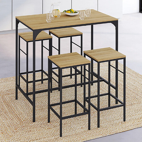 Idmarket Ensemble Table Haute Detroit et 4 Tabourets - Bois et Métal Noir