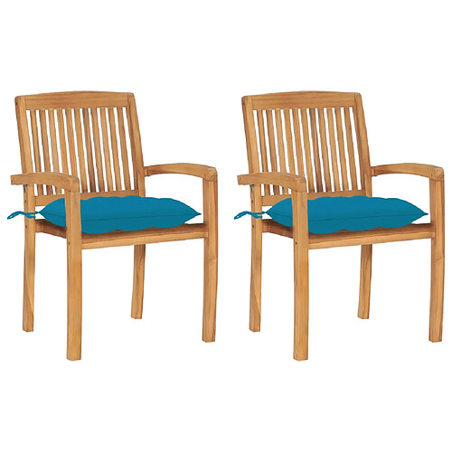 vidaXL Chaises de jardin teck - Lot de 2 avec coussins bleu clair