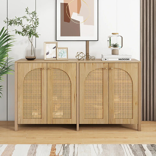 Merax Buffet Avec 4 Portes-en Rotin Et Poignées En Métal-buffet Minimaliste Moderne-bois Naturel