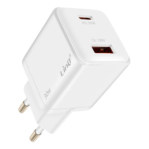 LinQ Chargeur USB-C PD 30W + USB QC3.0 18W Blanc