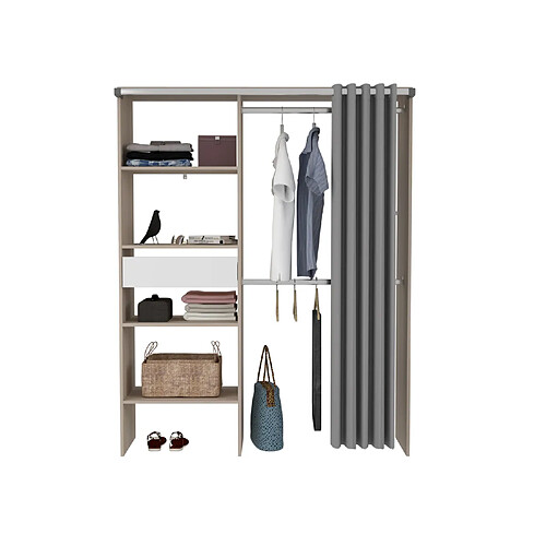 Concept Usine Dressing avec rideau 4 étagères 2 penderies et un tiroir bois et blanc BALI