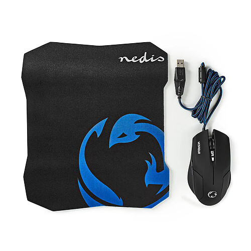 Nedis Pack Souris Filaire 6 Boutons 1600dpi et Tapis de Souris Antidérapant Noir
