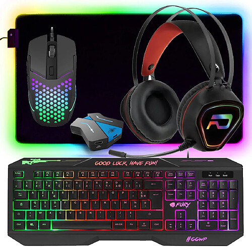 Pack Gamer 5 en 1 FURY HELLFIRE Clavier, Souris, Tapis, Casque et Convertisseur Switch PS4 XB1