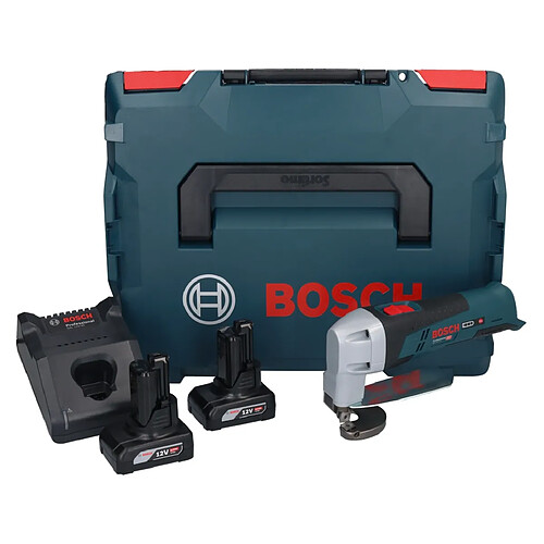 Bosch GSC 12V-13 Cisaille à tôle sans fil 12V avec clé à six pans + 2x Batteries 6,0 Ah + Chargeur + Coffret L-BOXX