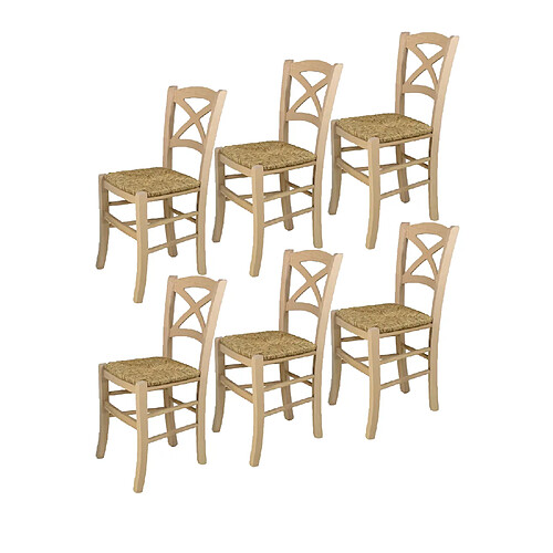 T M C S Tommychairs - Set 6 chaises CROSS structure en bois de hêtre poli, non traité, 100% naturel et assise en paille