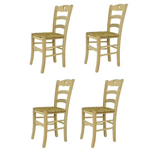 T M C S Tommychairs - Set 4 chaises CUORE, structure en bois de hêtre poli, non traité, 100% naturel et assise en paille