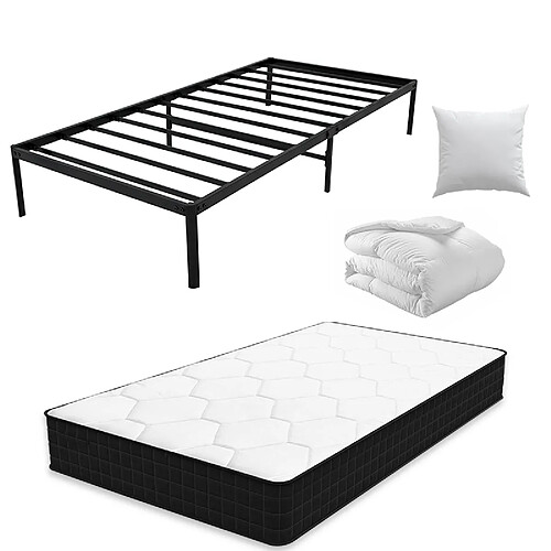Sinlikon Pack Sommier + Matelas + Couette + Oreiller - 90x190cm - Lit Métal - 1 places