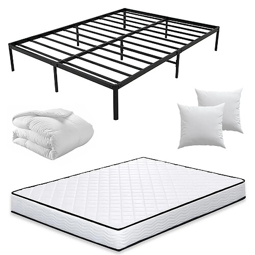 Sinlikon Pack Sommier + Matelas + Couette + 2 Oreillers - 160x200cm - Lit Métal - 2 places