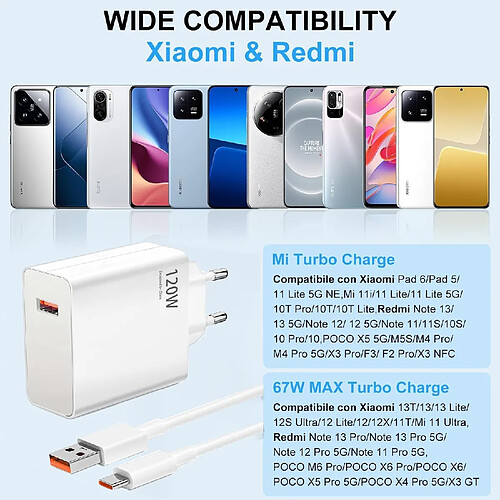 Chargeur USB-C 120W Avec Câble 2m 6A Pour Xiaomi, Redmi, Poco - Hypercharge Rapide Compatible 67W/55W/33W/18W - 9