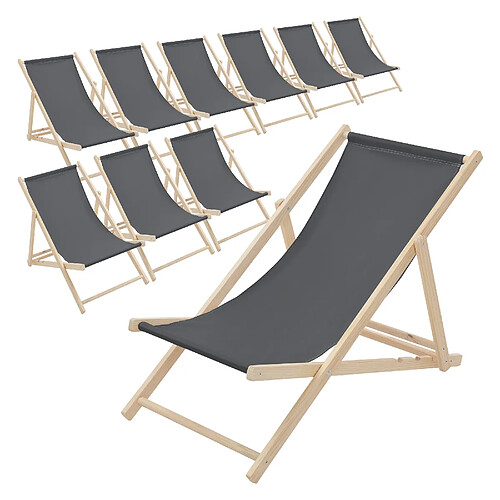 Ecd Germany Lot de 10 chaises longue de jardin bain de soleil anthracite bois de pin 120 kg