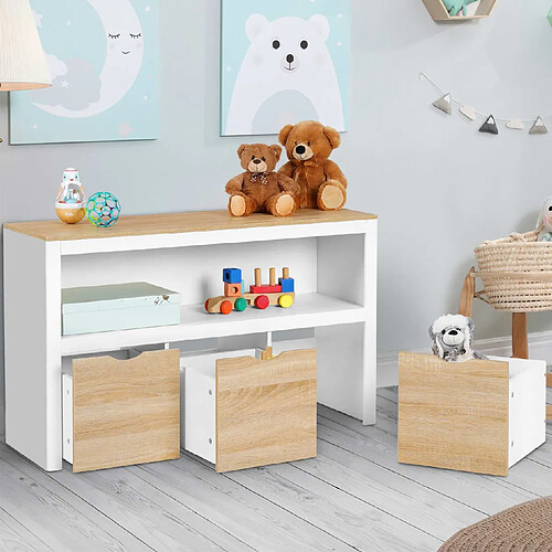 Idmarket Meuble de rangement enfant MANA en bois blanc et hêtre 3 tiroirs cubes sur roulettes