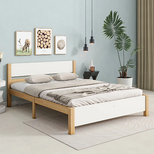WISHDOR Lit double 140 x 200 - Lit adulte - Blanc et Naturel