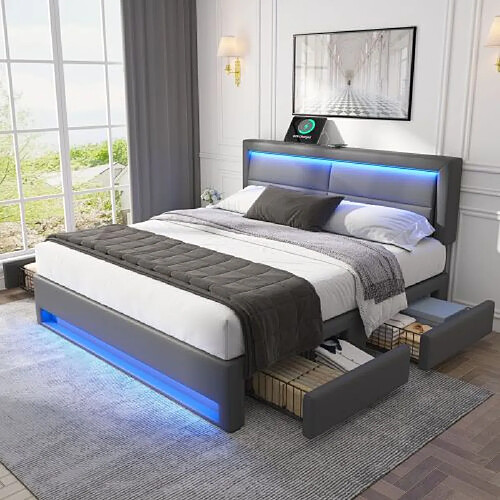 modfu Lit adulte 140x200 cm avec 4 tiroirs, port USB, LED, PU, gris