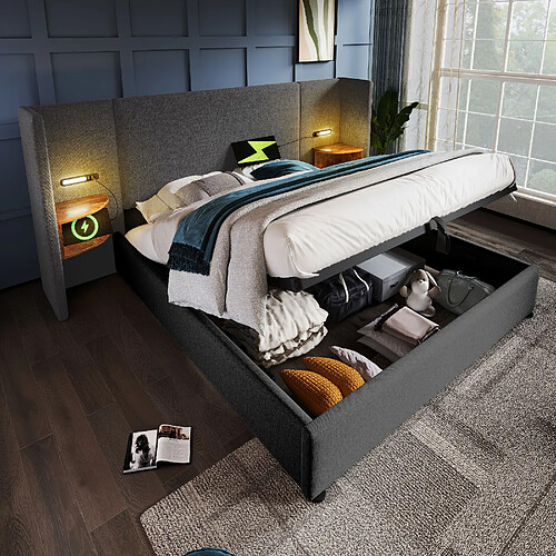 OKWISH Lit coffre 180x200 cm Lit lampe lecture - Gris