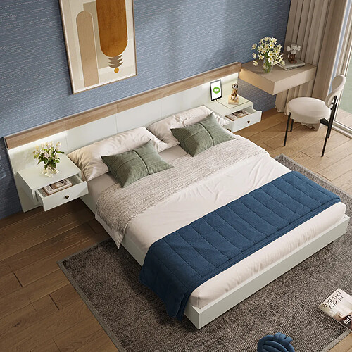 OKWISH Lit double 160x200 cm Lit chêne - Naturel