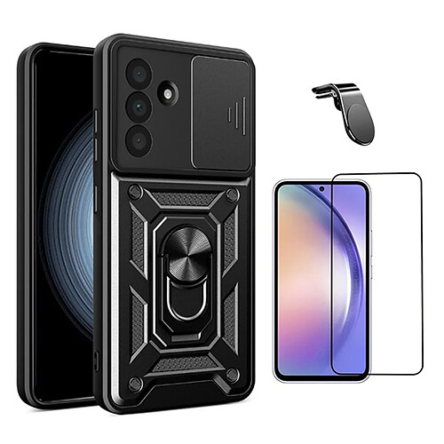 Kit De Film En Verre Trempé À Coque Complète 5D + Couvercle Coulissant De Défenseur Militaire Magnétique + Support Magnétique L De Voiture Pour Conduite Sûre PHONECARE Pour Samsung Galaxy A36 5G - Noir