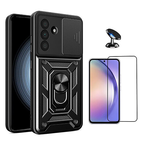 Kit De Film En Verre Trempé À Coque Complète 5D + Couvercle Coulissant De Défenseur Militaire Magnétique + Support Magnétique De Voiture PHONECARE Pour Samsung Galaxy A56 5G - Noir