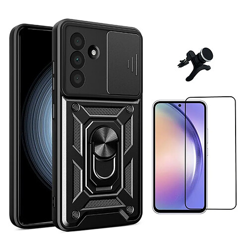 Kit De Film En Verre Trempé À Coque Complète 5D + Couvercle Coulissant De Défenseur Militaire Magnétique + Support De Voiture Magnétique Renforcé PHONECARE Pour Samsung Galaxy A56 5G - Noir