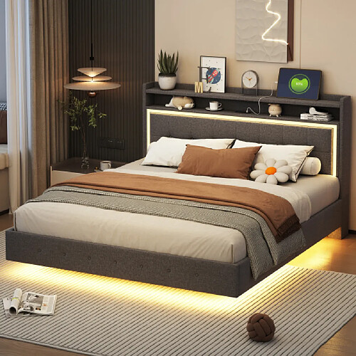modfu Lit adulte 160x200 cm avec rangement, LED, USB, lin, gris