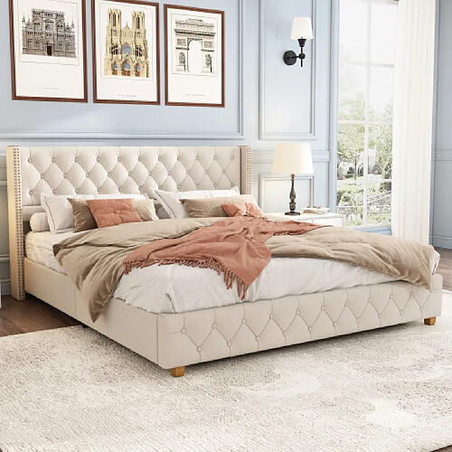 modfu Lit adulte 160x200 cm, en lin, beige