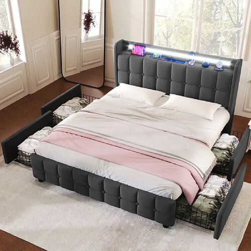 modfu Lit adulte 180x200 cm avec LED, USB, prises et 4 tiroirs, lin, gris