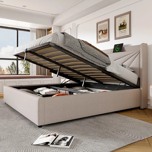 modfu Lit coffre 140x200 cm avec USB et Type-C, lin beige