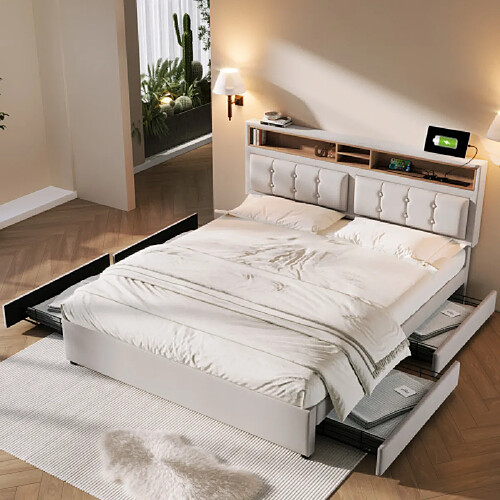 modfu Lit adulte 160x200 cm - 4 tiroirs, USB/Type-C, tête de lit de rangement - lin beige