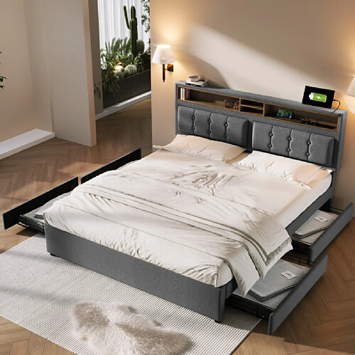 modfu Lit adulte 160x200 cm - 4 tiroirs, USB/Type-C, tête de lit de rangement - lin gris