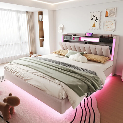 modfu Lit adulte 160x200 cm avec LED, USB, tête de lit avec rangement, lin, beige