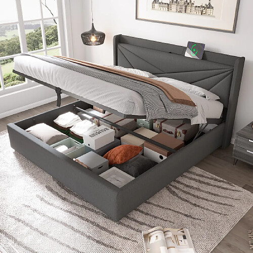 modfu Lit coffre 160x200 cm avec USB et Type-C, en lin gris