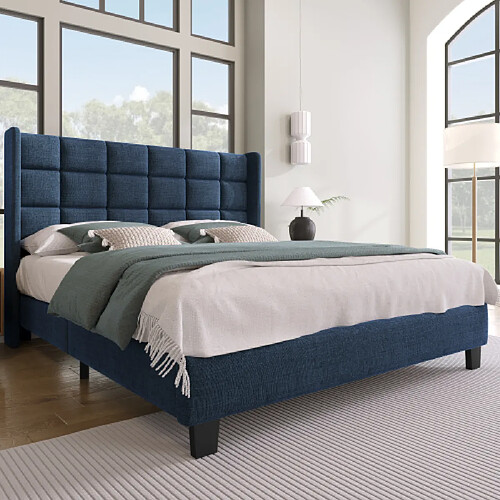 modfu Lit adulte 140x200 cm avec tête de lit, lin bleu