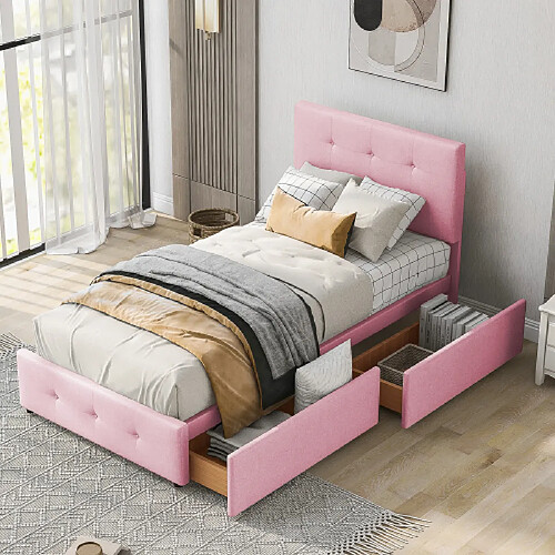 modfu Lit enfant 90x200 cm avec 2 tiroirs, velours, rose