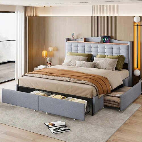 modf Lit adulte 160x200 cm - 4 tiroirs, USB - lin, gris clair