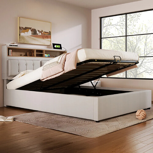 modfu Lit coffre 140x200 cm avec prises USB/Type-C, tête de lit de rangement, lin beige
