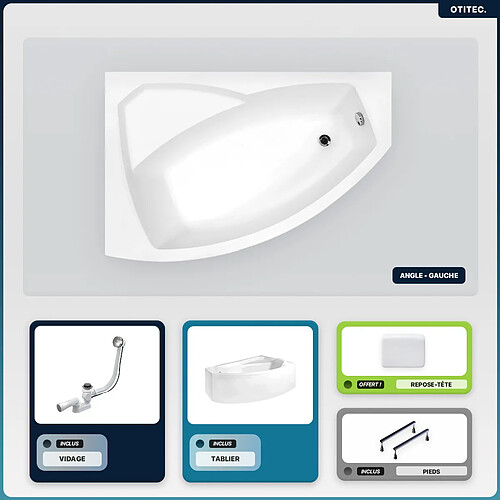 BESCO Baignoire asymétrique - 140 x 90 cm - Gauche - avec Tablier - Pieds - Repose-tête - Vidage Chrome - RIMA