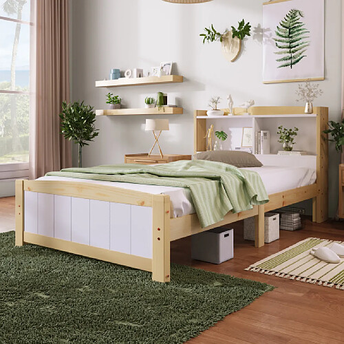 modf Lit enfant 90x200 cm avec tête de lit de rangement, pin, blanc et bois