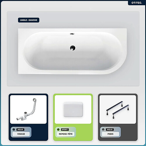 BESCO Baignoire asymétrique - 180 x 80 cm - Gauche - sans Habillage - avec Pieds - Repose-tête - Vidage Chrome - AVITA