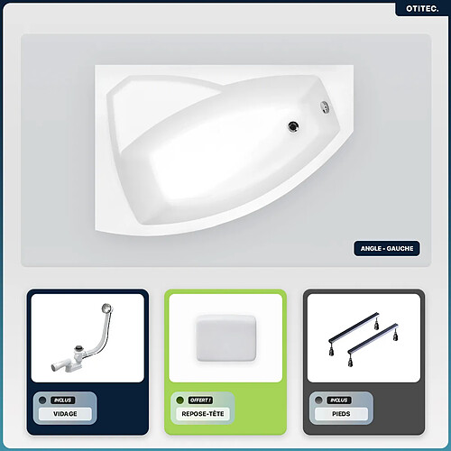 BESCO Baignoire asymétrique - 160 x 100 cm - Gauche - sans Habillage - avec Pieds - Repose-tête - Vidage Chrome - RIMA