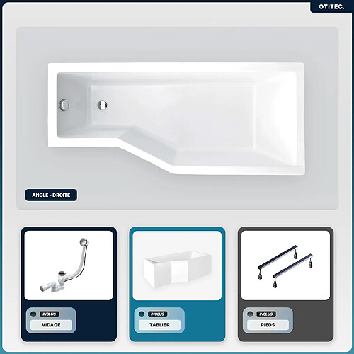 BESCO Baignoire asymétrique - 170 x 75 cm - Droite - avec Tablier - Pieds - Vidage Chrome - INTEGRA