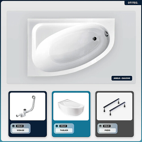 BESCO Baignoire asymétrique - 140 x 80 cm - Gauche - avec Tablier Blanc - Pieds - Vidage Chrome - CORNEA