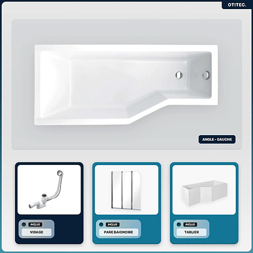 BESCO Baignoire asymétrique - 150 x 75 cm - Gauche - avec Tablier - Pieds - Pare Baignoire 3 Volets - Vidage Chrome - INTEGRA