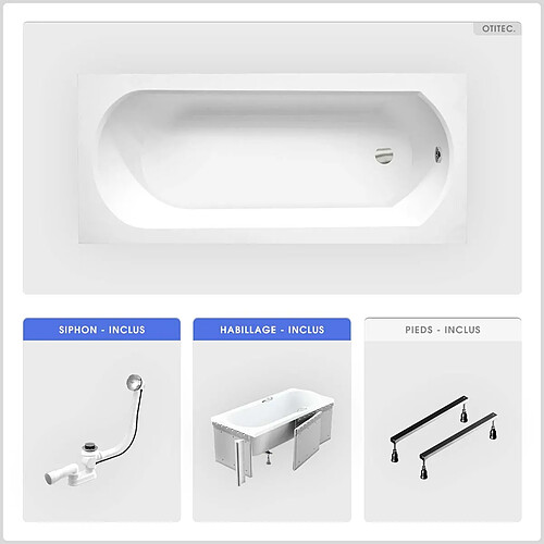 BESCO Baignoire rectangulaire - 170 x 75 cm - avec Habillage (4 cm) - Pieds - Vidage Chrome - INTRICA SLIM