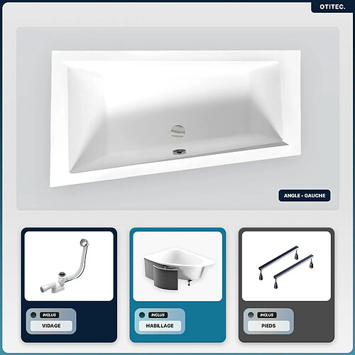 BESCO Baignoire asymétrique - 150 x 85 cm - Gauche - avec Habillage - Pieds - Vidage Chrome - INTIMA