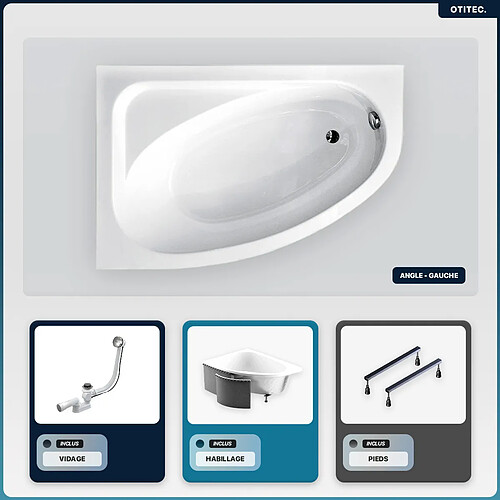 BESCO Baignoire asymétrique - 150 x 100 cm - Gauche - avec Habillage - Pieds - Vidage Chrome - CORNEA