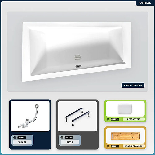 BESCO Baignoire asymétrique - 160 x 90 cm - Gauche - sans Habillage - avec Pieds - Repose-tête - Étagère bambou - Vidage Chrome - INTIMA