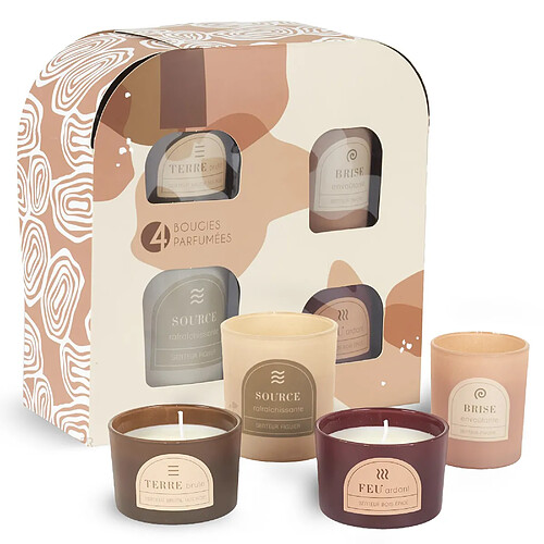Linnea Coffret de 4 bougies parfumées figue pivoine brume des bois et bois épicé collection ELEMENT marron