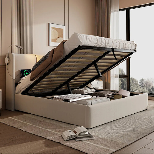 modfu Lit coffre 140x200 cm avec lampe, USB, lin, beige