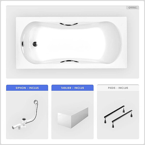 BESCO Baignoire rectangulaire - 130 x 70 cm - avec Tablier Blanc - Pieds - Poignées - Vidage Chrome - ARIA PLUS