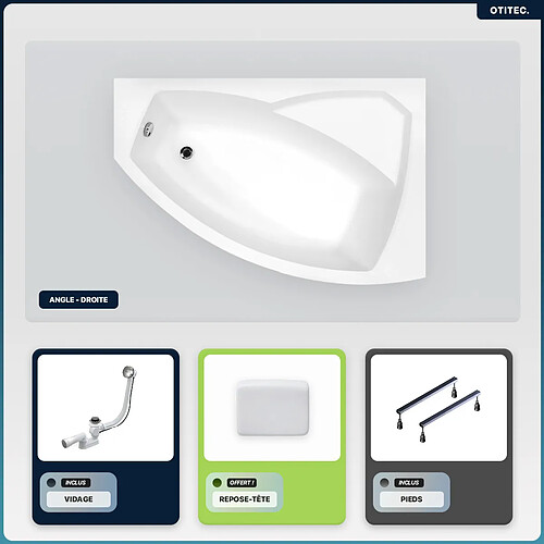 BESCO Baignoire asymétrique - 150 x 95 cm - Droite - sans Habillage - avec Pieds - Repose-tête - Vidage Chrome - RIMA