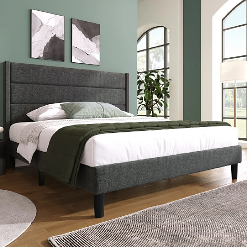 modfu Lit adulte 140x200 cm avec tête de lit, lin, gris